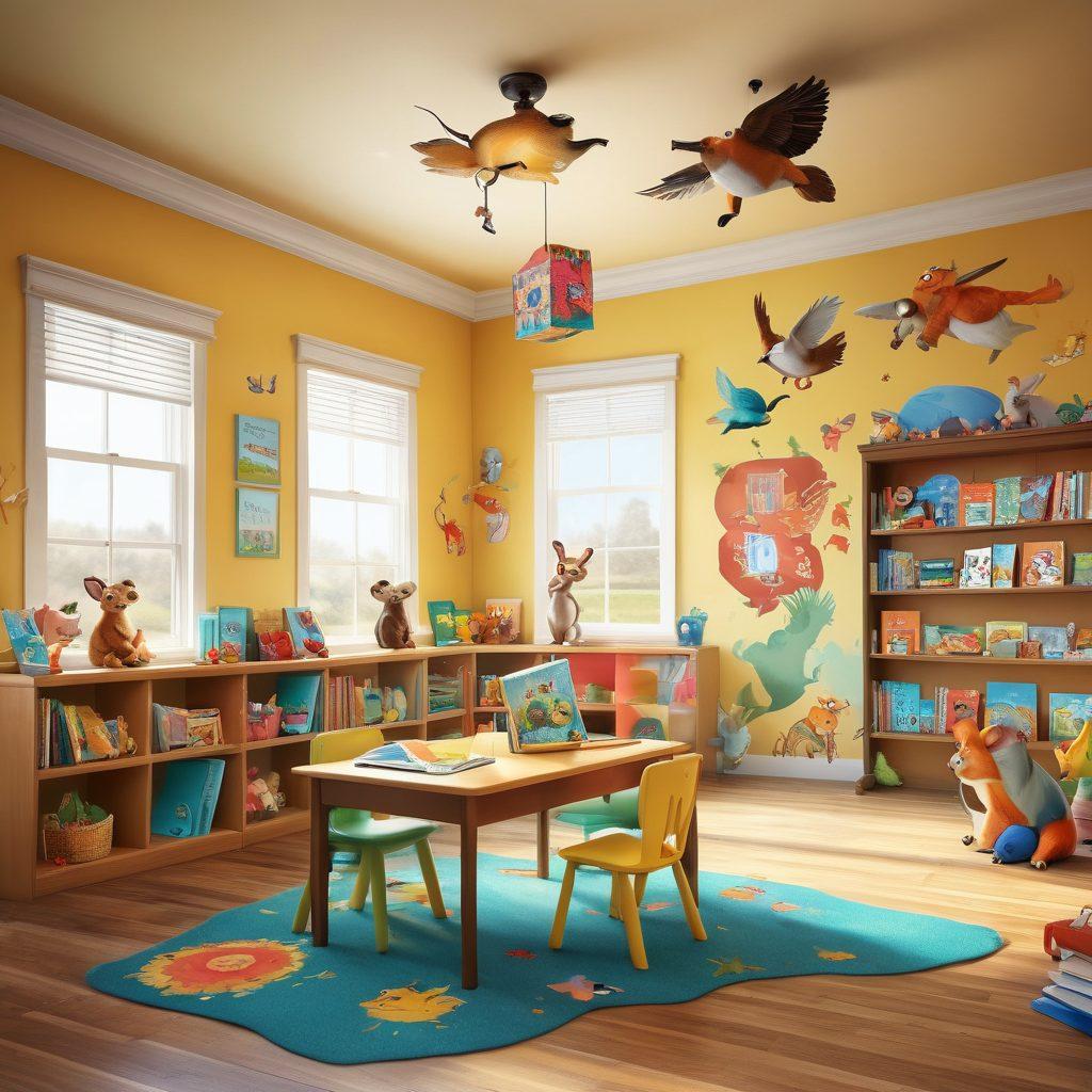 A colorful and whimsical classroom scene filled with children joyfully reading Razkids books, surrounded by playful illustrations of characters coming to life, such as animals and fantastical creatures. Bright and inviting colors enhance the atmosphere of happiness and learning, with books floating in the air and smiles all around. Super-realistic. Vibrant colors. Playful style.