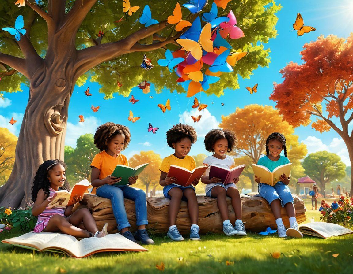 A vibrant, whimsical scene depicting a diverse group of children joyfully reading books in a colorful park setting, with butterflies and playful animals around them, symbolizing the adventure of literacy. Include books floating in the air like balloons and a glowing tree with storybook pages as leaves. super-realistic. vibrant colors. 3D.
