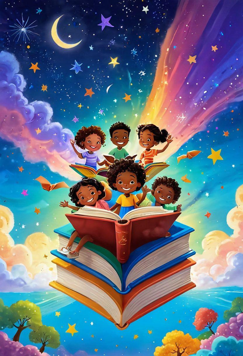 A whimsical scene featuring children of diverse backgrounds joyfully reading on colorful floating books in a bright sky, surrounded by playful animated characters and sparkling stars. Include elements that symbolize imagination, such as magical creatures and vibrant landscapes. The overall mood should be cheerful and adventurous, inviting every child to dive into the world of reading. playful illustration. vibrant colors. whimsical style.